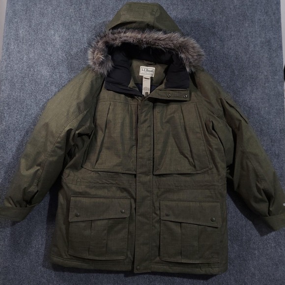 L.L. Bean Baxter Coat Mens 2XL Green DownTek Parka Hooded Faux Fur Quilted Warm